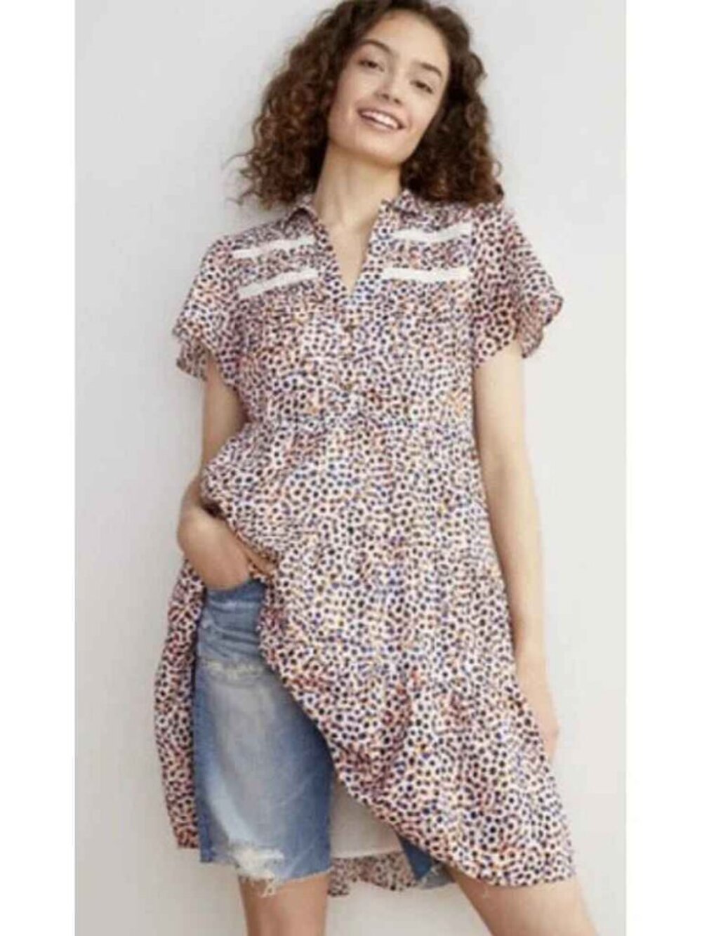 Anthropologie Short Sleeve Tiered Dot Print Dress - Blue & Orange
